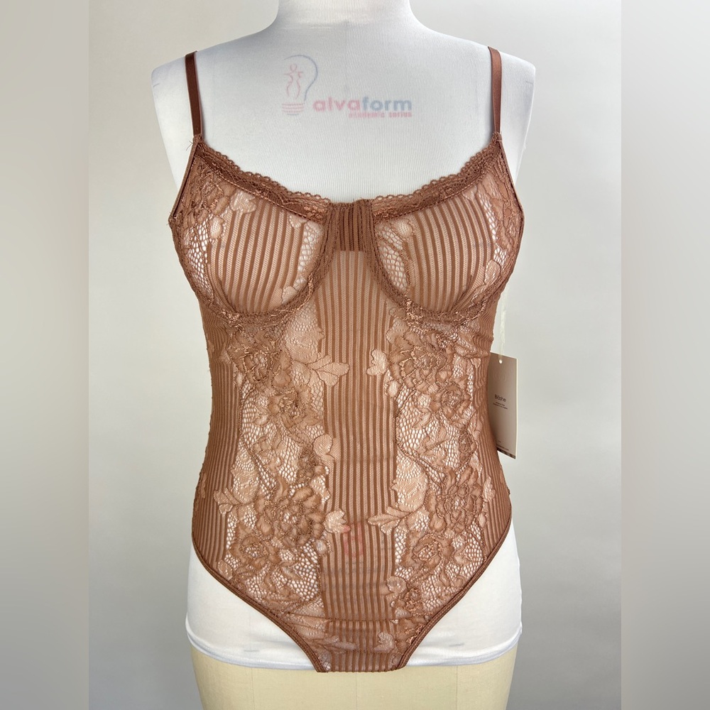 349B-BROWN. Lace Bodysuit with Adjustable Straps